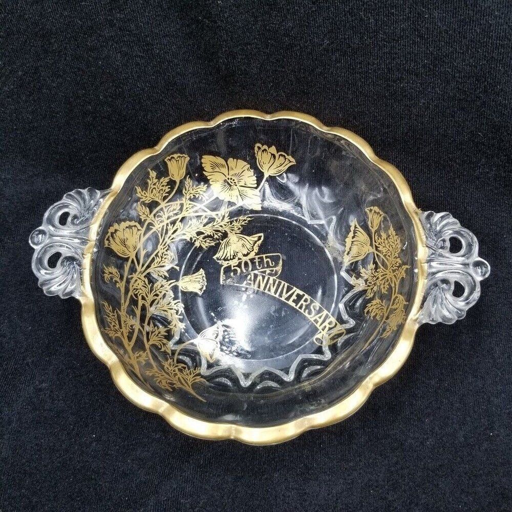 50th Anniversary Crystal Bowl Silver City Glass Platter 22K Gold Handles